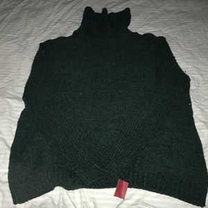 A dark emerald green turtle neck knit sweater.